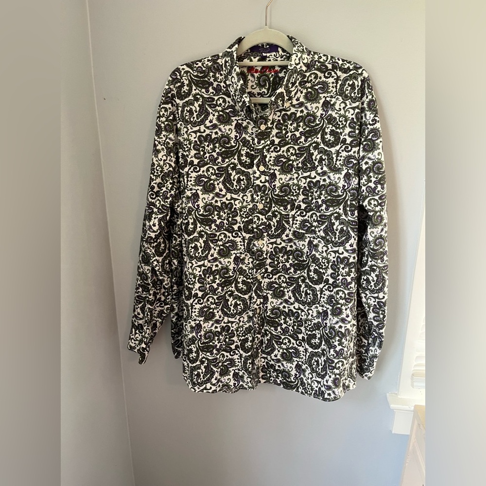 Alan Flusser, men’s white green purple Paisley Casual button down shirt XL